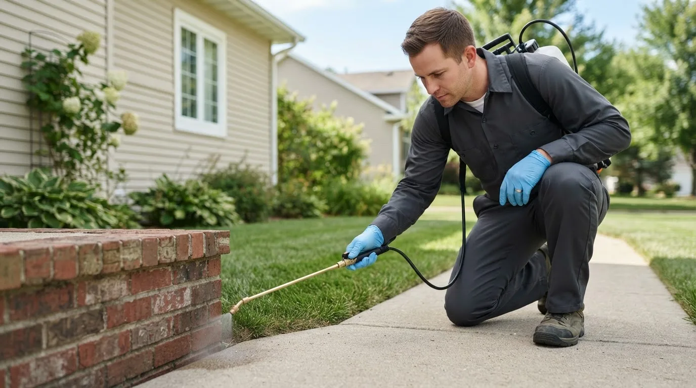Pest control technician treating a home near College Point, NY