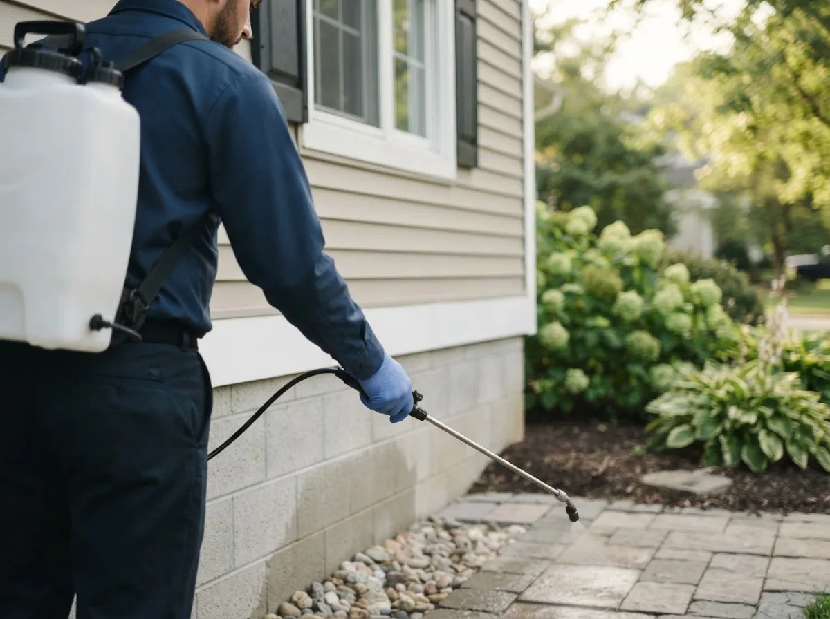 Pest control technician inspecting a home in College Point, NY